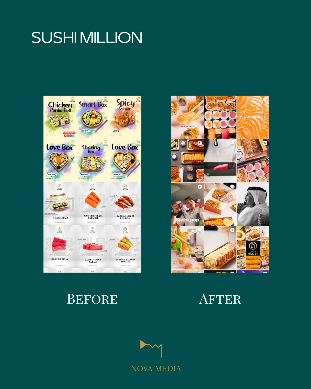 Sushi Million Instagram feed before and after Nova Media took over
